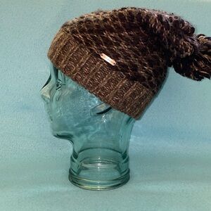 Steve Madden chunky knit pom pom hat beanie dark light browns and tans SZ OSFA